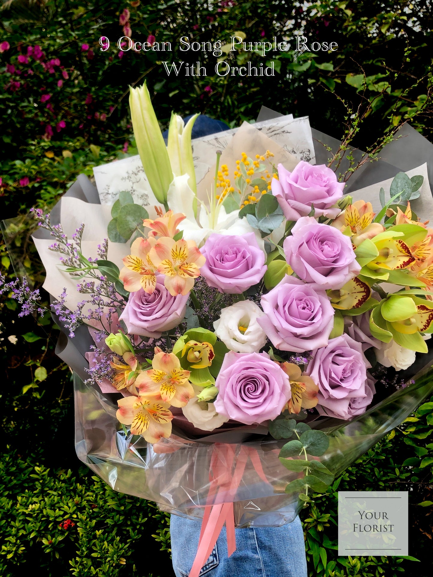 9 Purple Rose with Orchid Bouquet 9枝紫玫瑰+蕙蘭花束 (架構花束)
