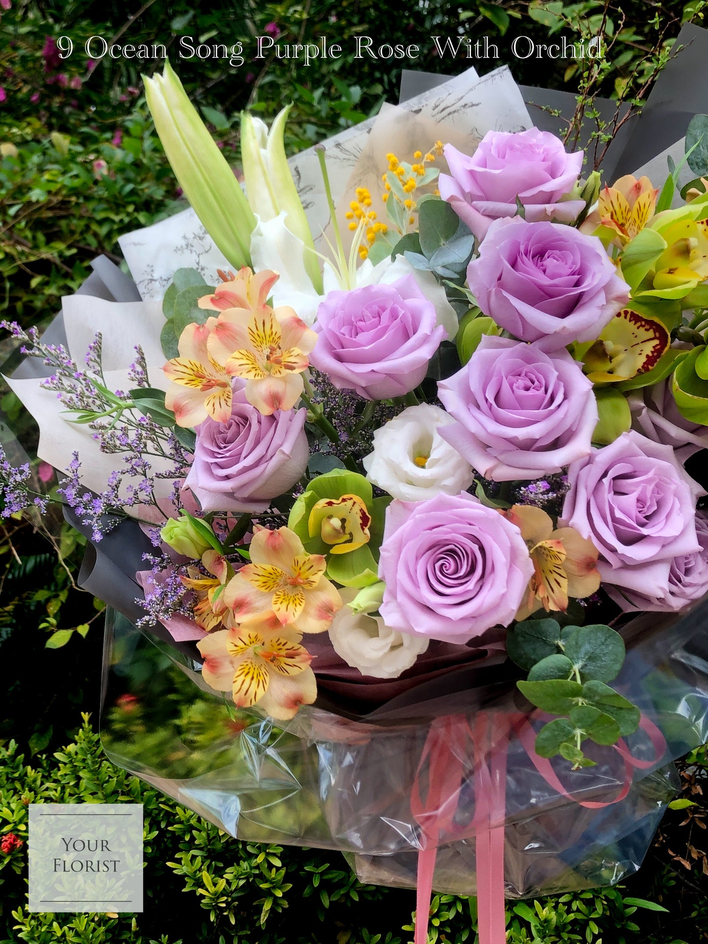 9 Purple Rose with Orchid Bouquet 9枝紫玫瑰+蕙蘭花束 (架構花束)