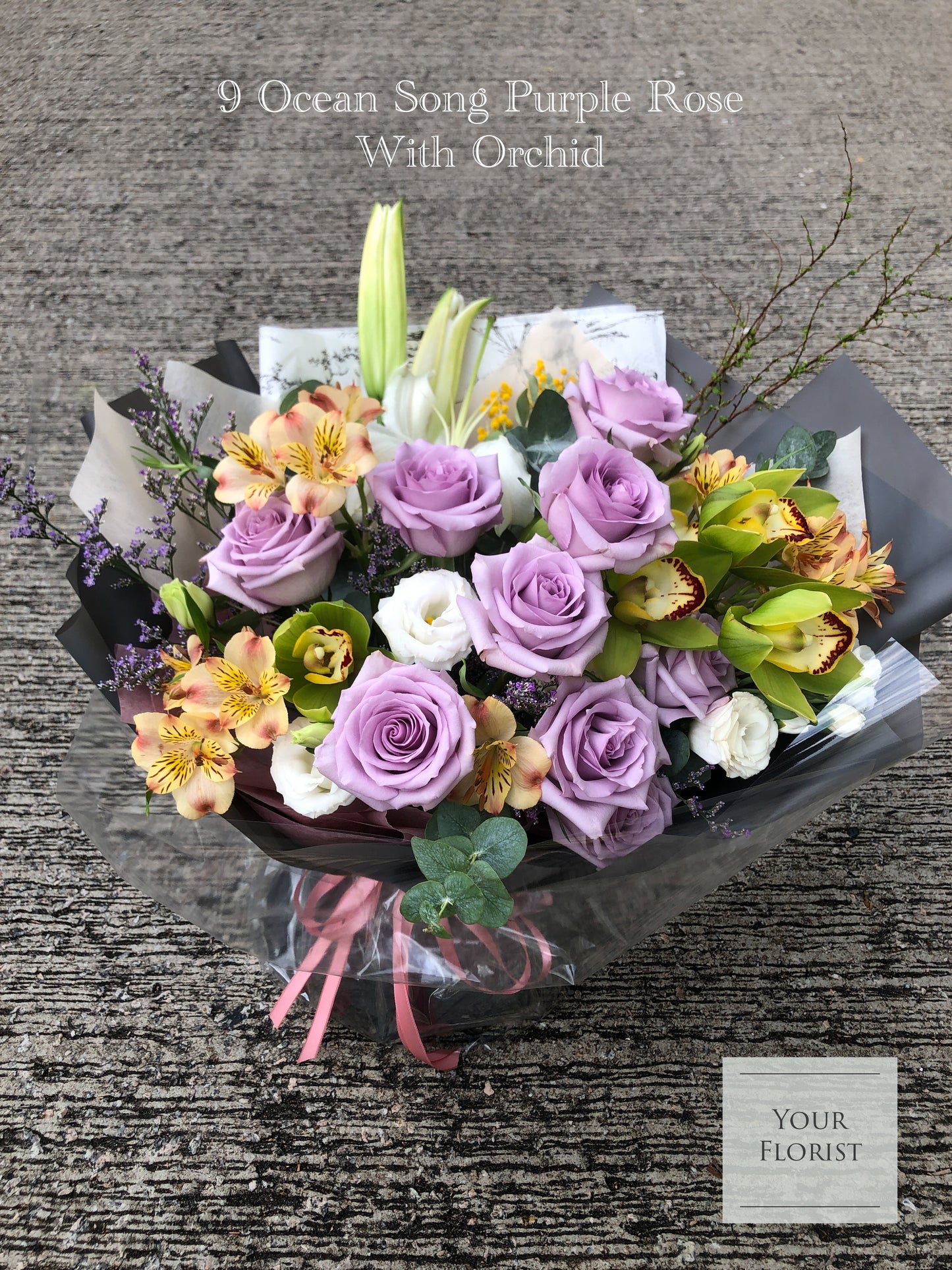 9 Purple Rose with Orchid Bouquet 9枝紫玫瑰+蕙蘭花束 (架構花束)