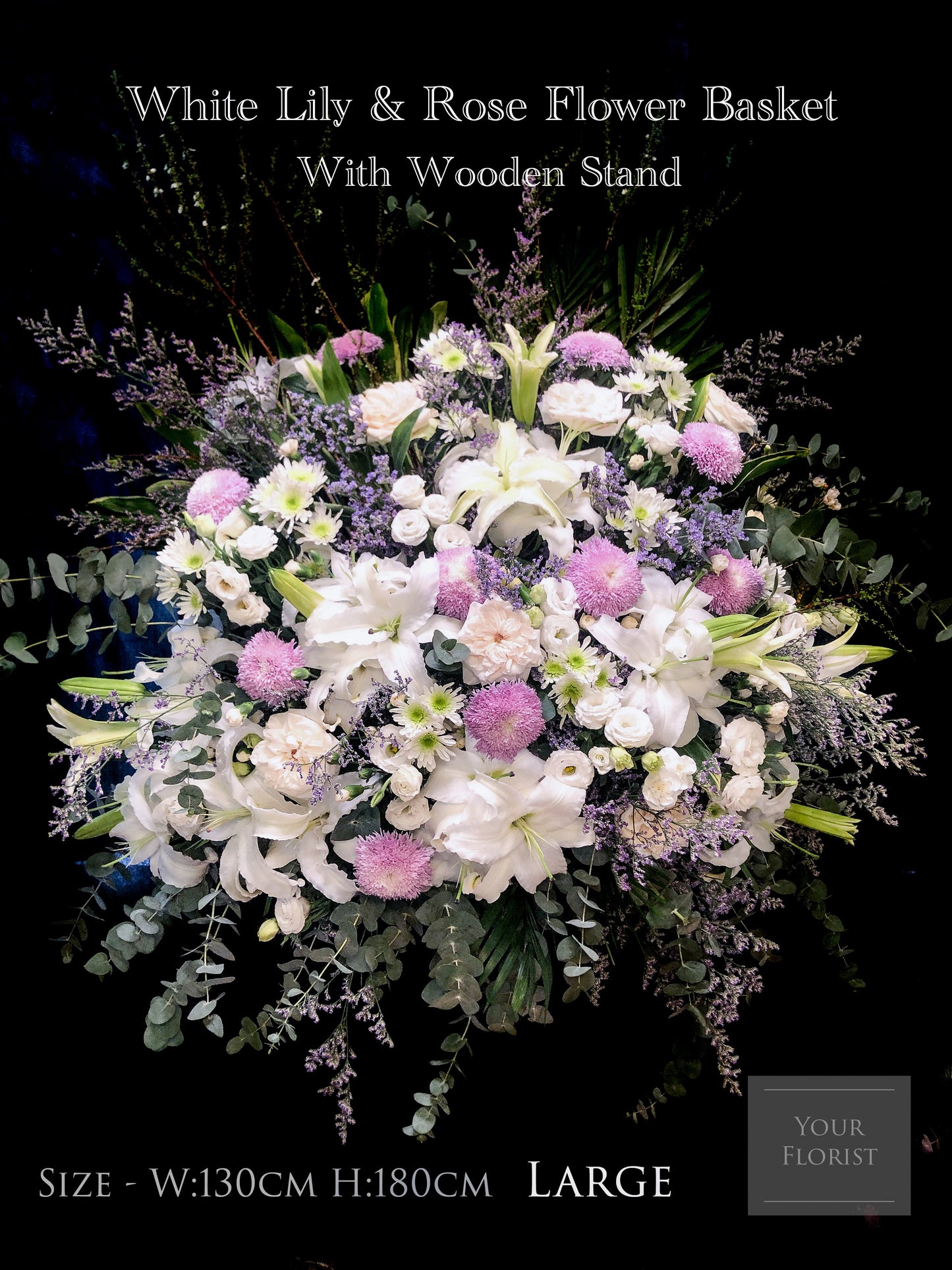 White Lily & Light Pink Rose Flower Basket (Large) for Funeral 白百合淺粉玫瑰帛事花籃(大)