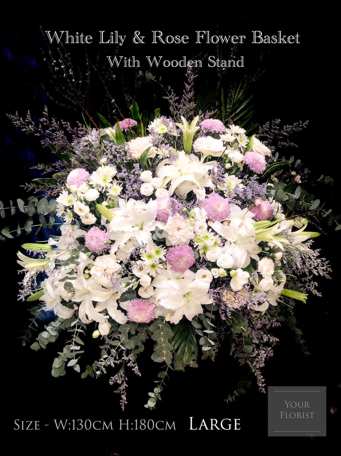 White Lily & Light Pink Rose Flower Basket (Large) for Funeral 白百合淺粉玫瑰帛事花籃(大)