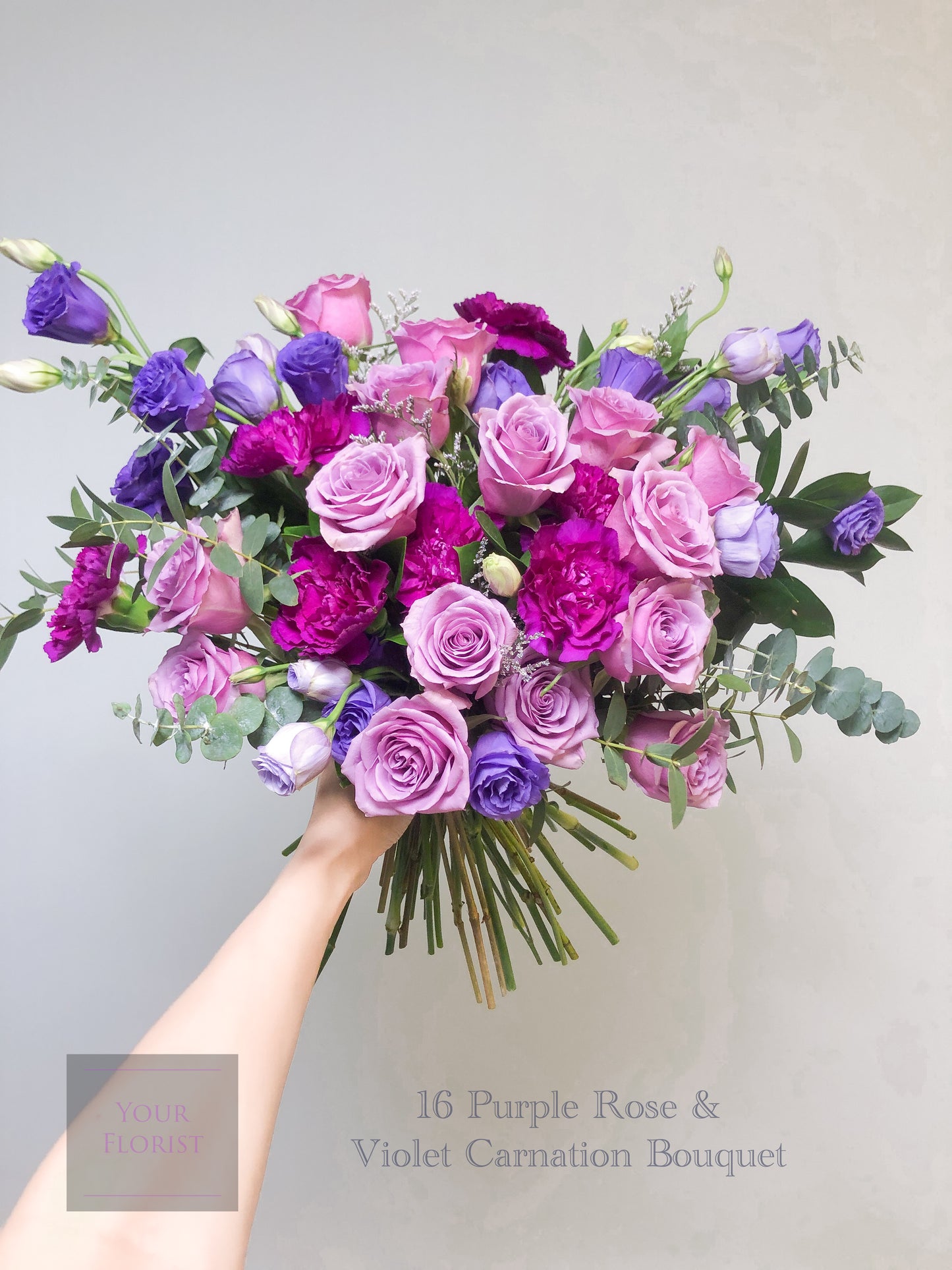 16 Purple Rose & Violet Carnation Bouquet 16紫玫瑰+桔梗+紫紅康乃馨花束