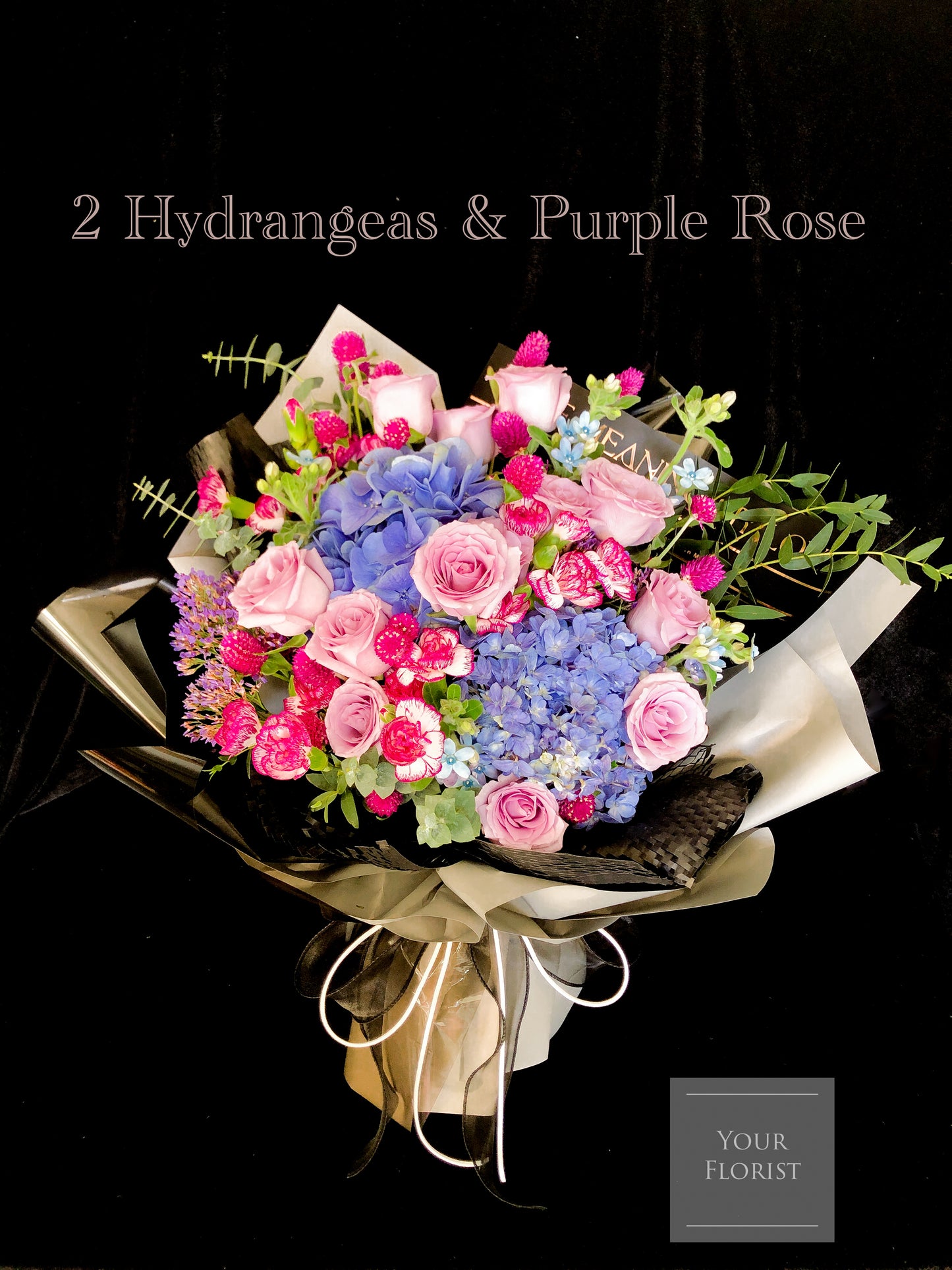 2 Hydrangeas & Purple Rose Bouquet 藍色繡球花(2個)11枝紫色玫瑰花束