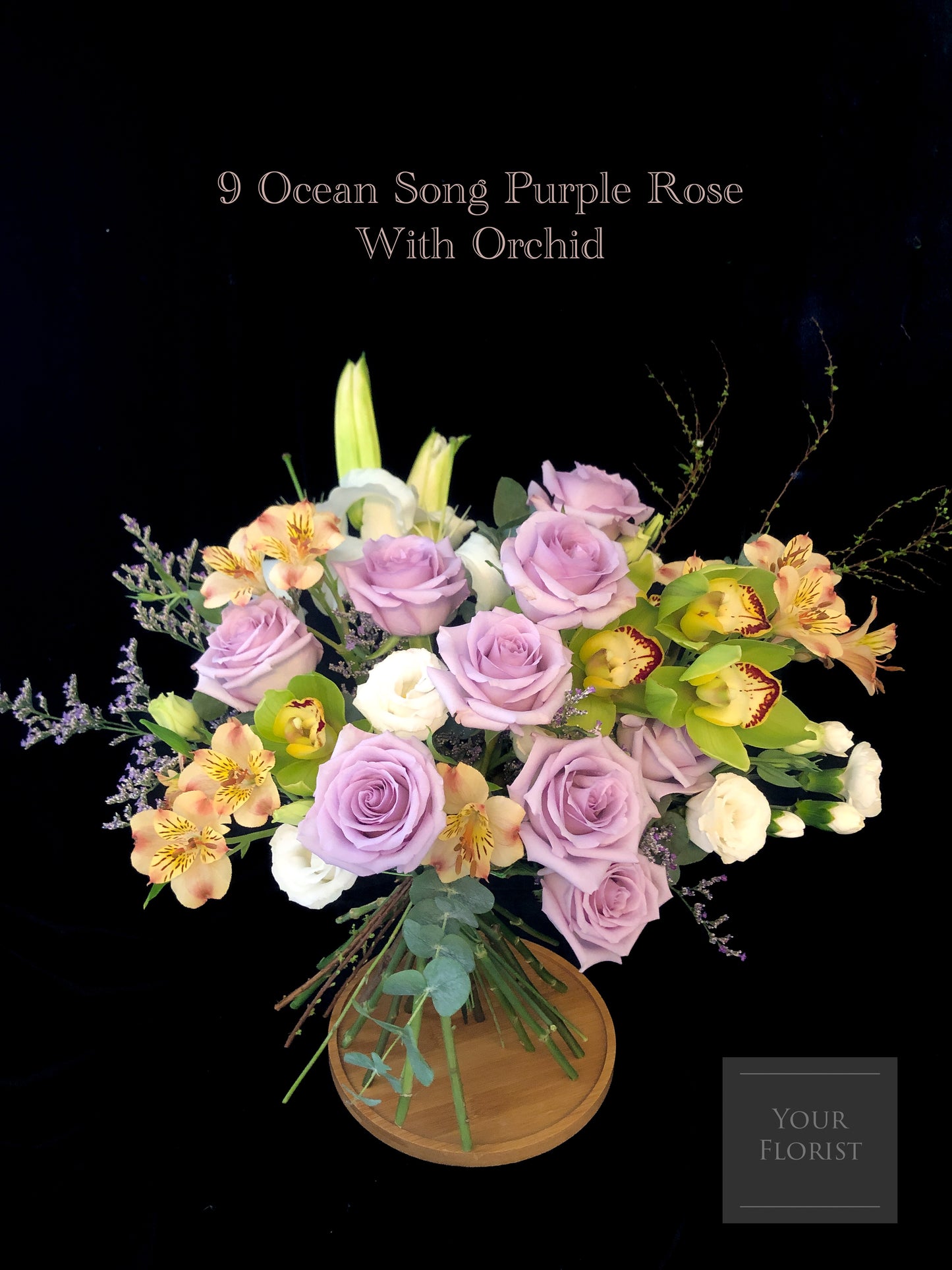 9 Purple Rose with Orchid Bouquet 9枝紫玫瑰+蕙蘭花束 (架構花束)