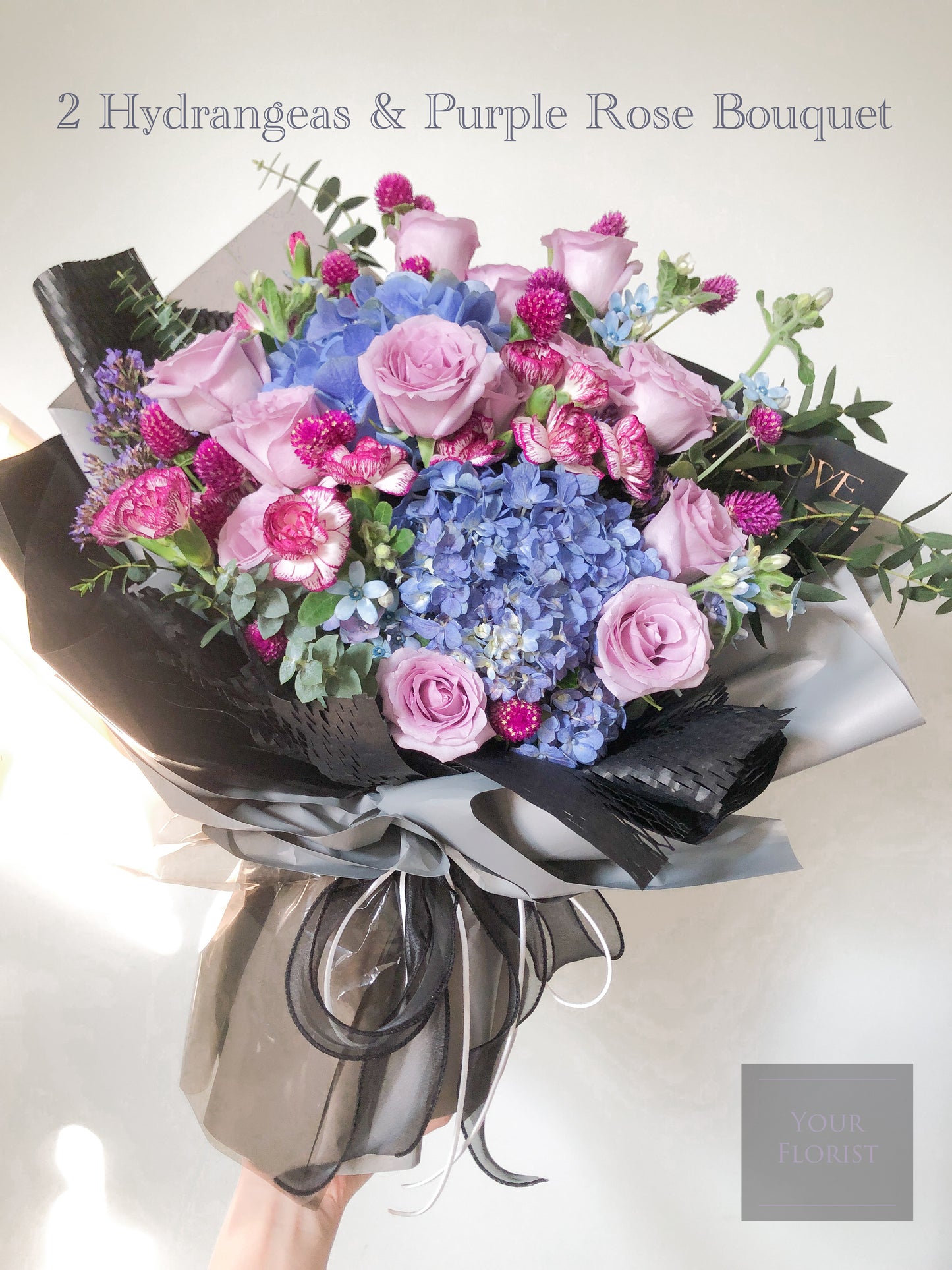 2 Hydrangeas & Purple Rose Bouquet 藍色繡球花(2個)11枝紫色玫瑰花束