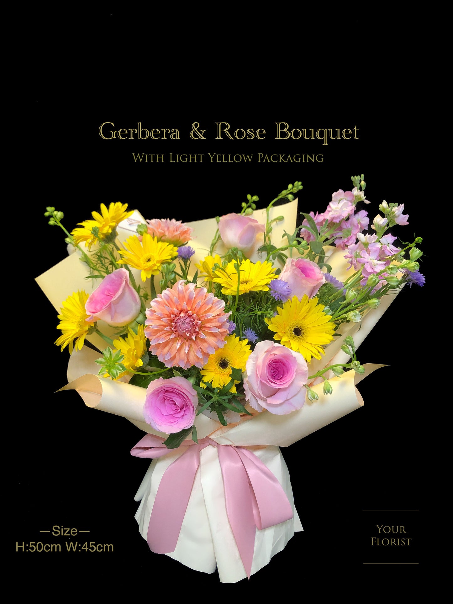 Gerbera & Rose Bouquet with pink or yellow packaging