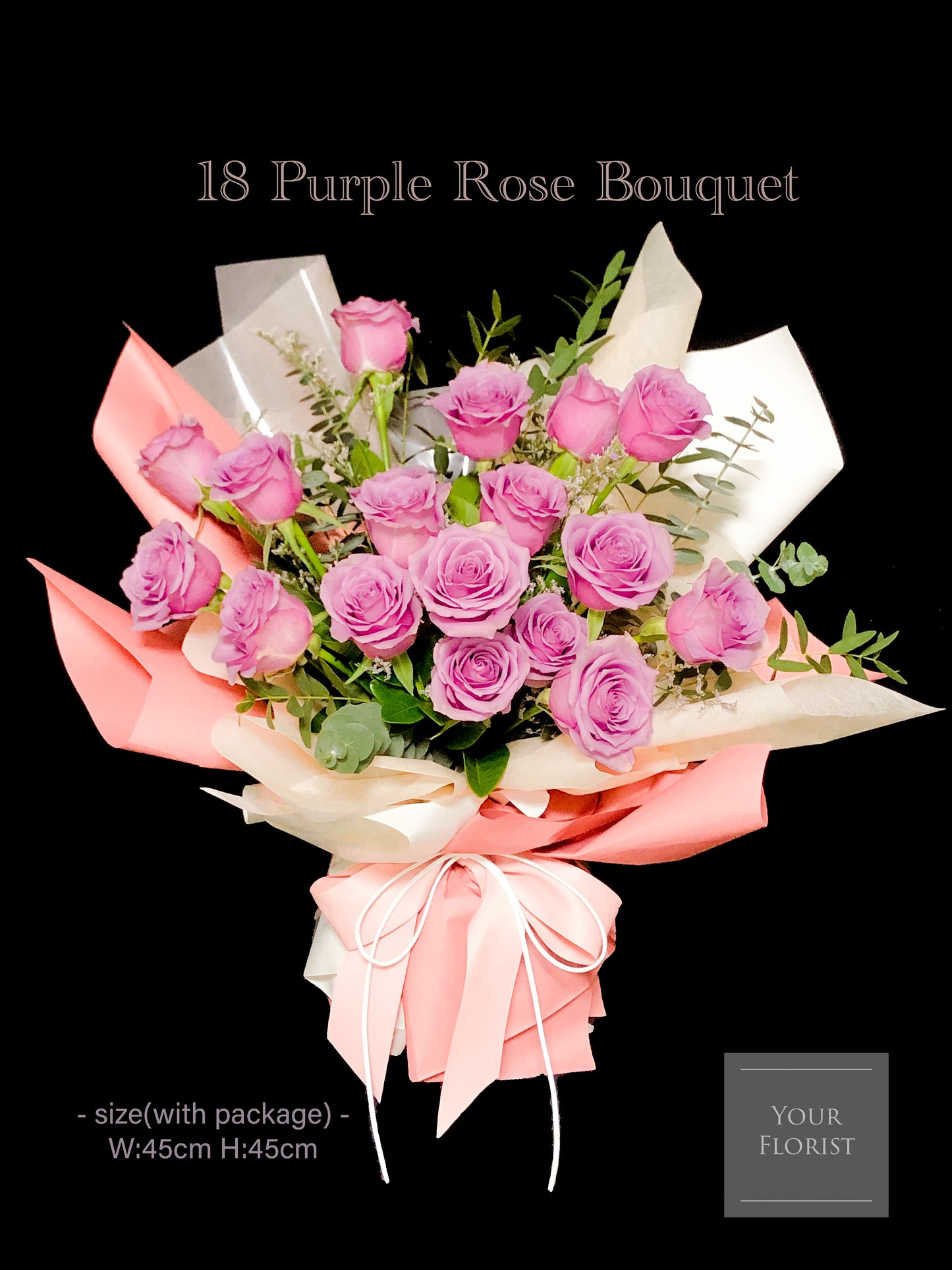 18 Purple Rose Bouquet 18枝紫霞仙子玫瑰花束（注意⚠️紫玫花頭較細，可備註改用其他颜色玫瑰）