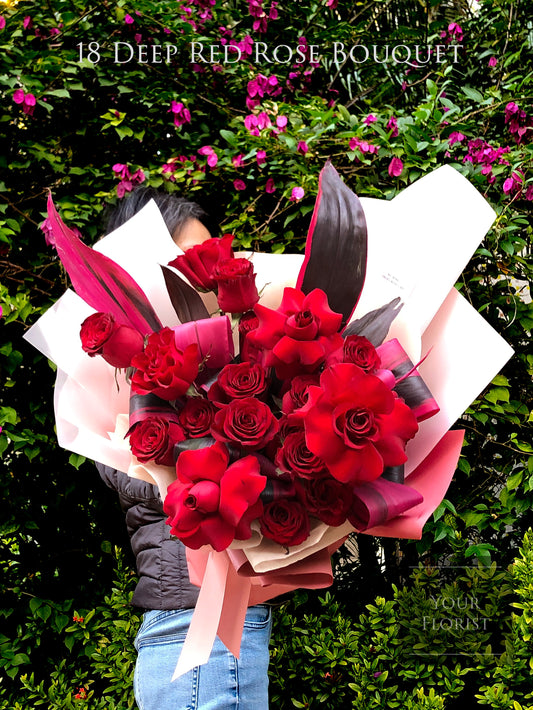 18 Deep Red Rose Bouquet 18枝高原紅玫瑰花束 （此品種冬天易黑邊，可改其他品種紅玫瑰）