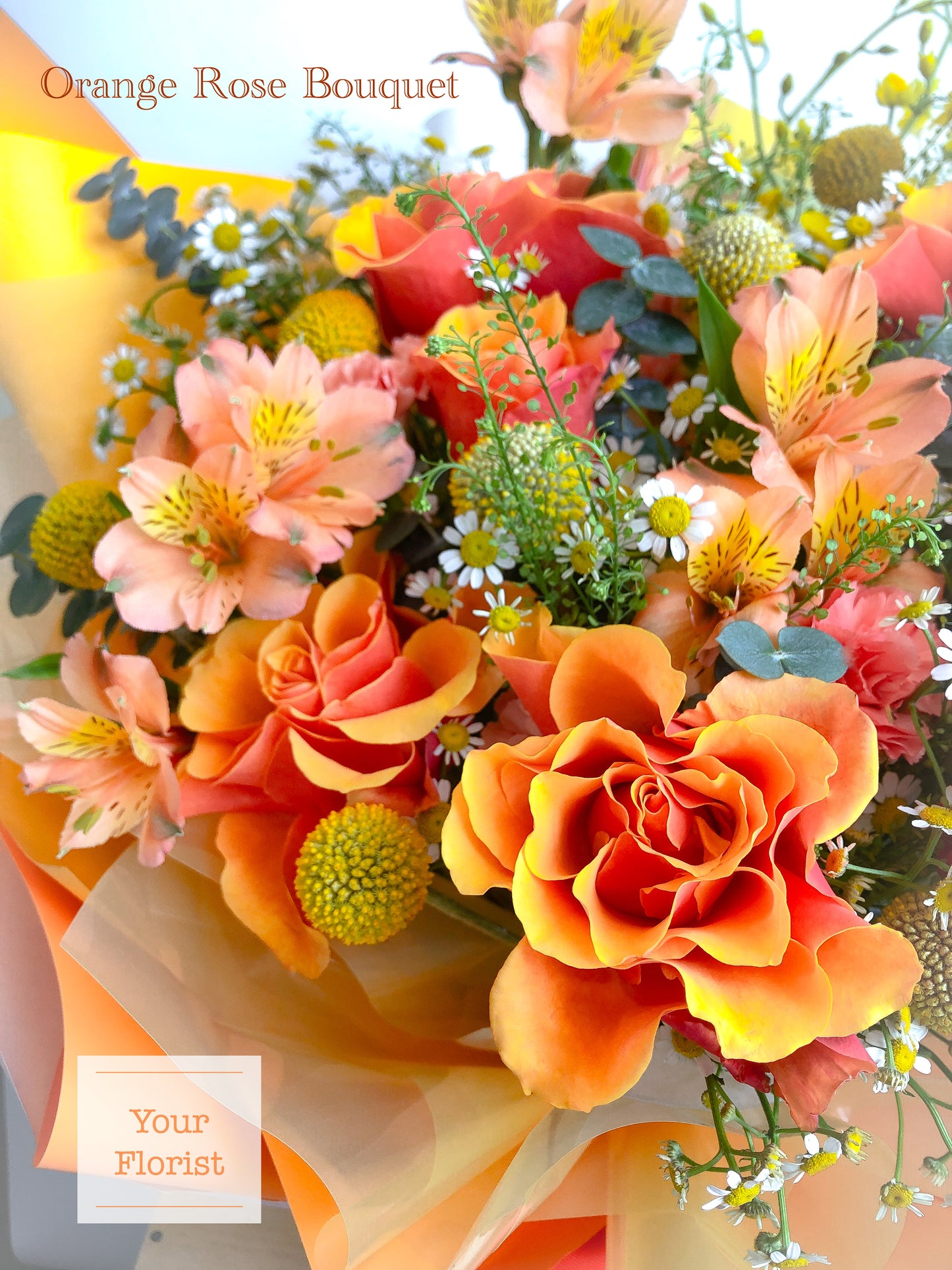 Orange Rose Light Yellow Carnation Hand Tied Bouquet橙玫瑰淺黃康乃馨手棒花束