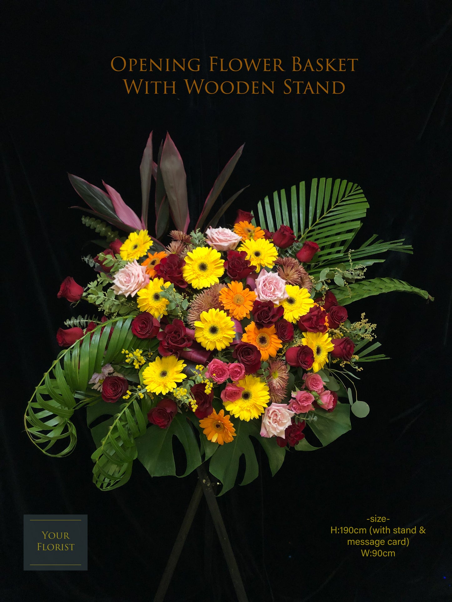 Orange Yellow Red Opening Flower Basket with Wooden Stand 橙黃紅開張花籃連木腳架 (織葉款或不織葉款）