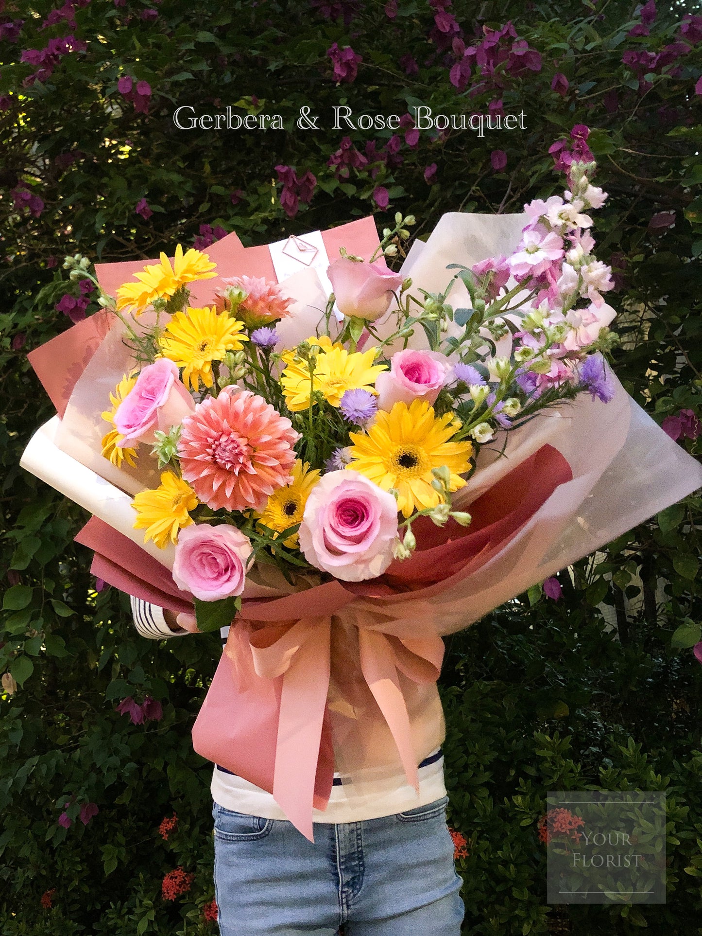 Gerbera & Rose Bouquet with pink or yellow packaging