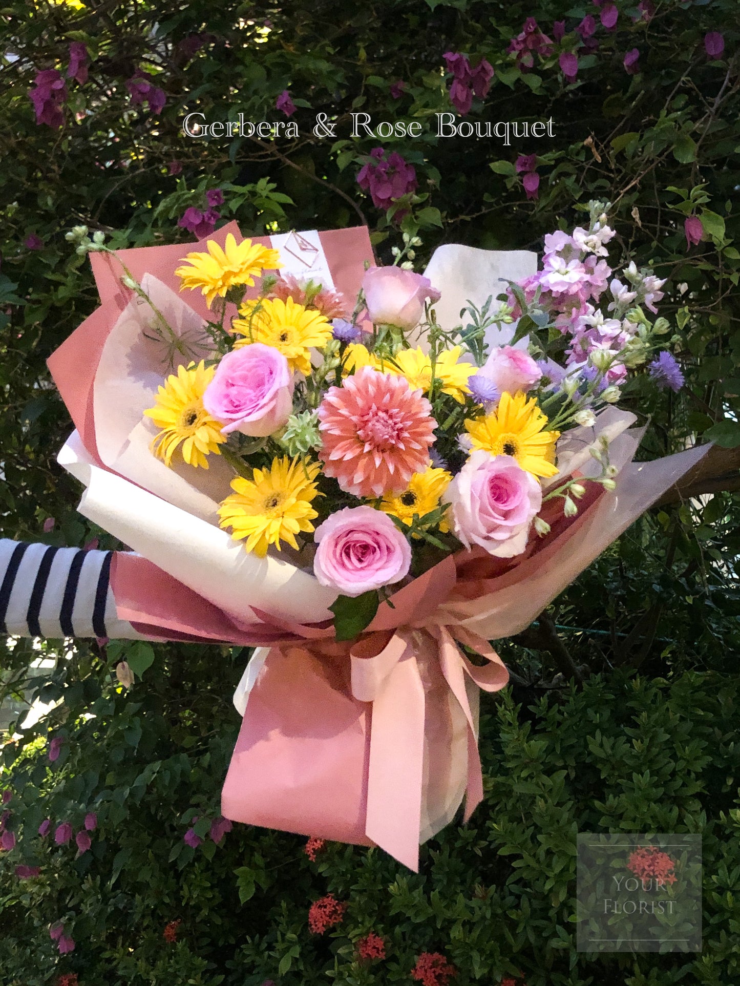 Gerbera & Rose Bouquet with pink or yellow packaging