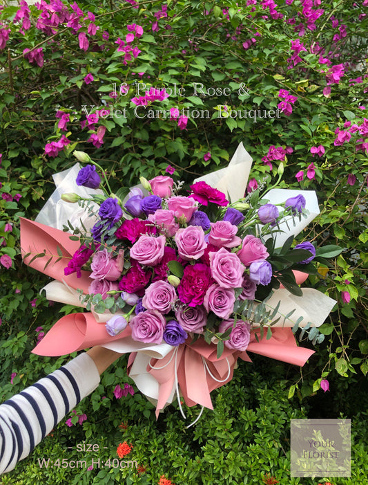 16 Purple Rose & Violet Carnation Bouquet 16紫玫瑰+桔梗+紫紅康乃馨花束