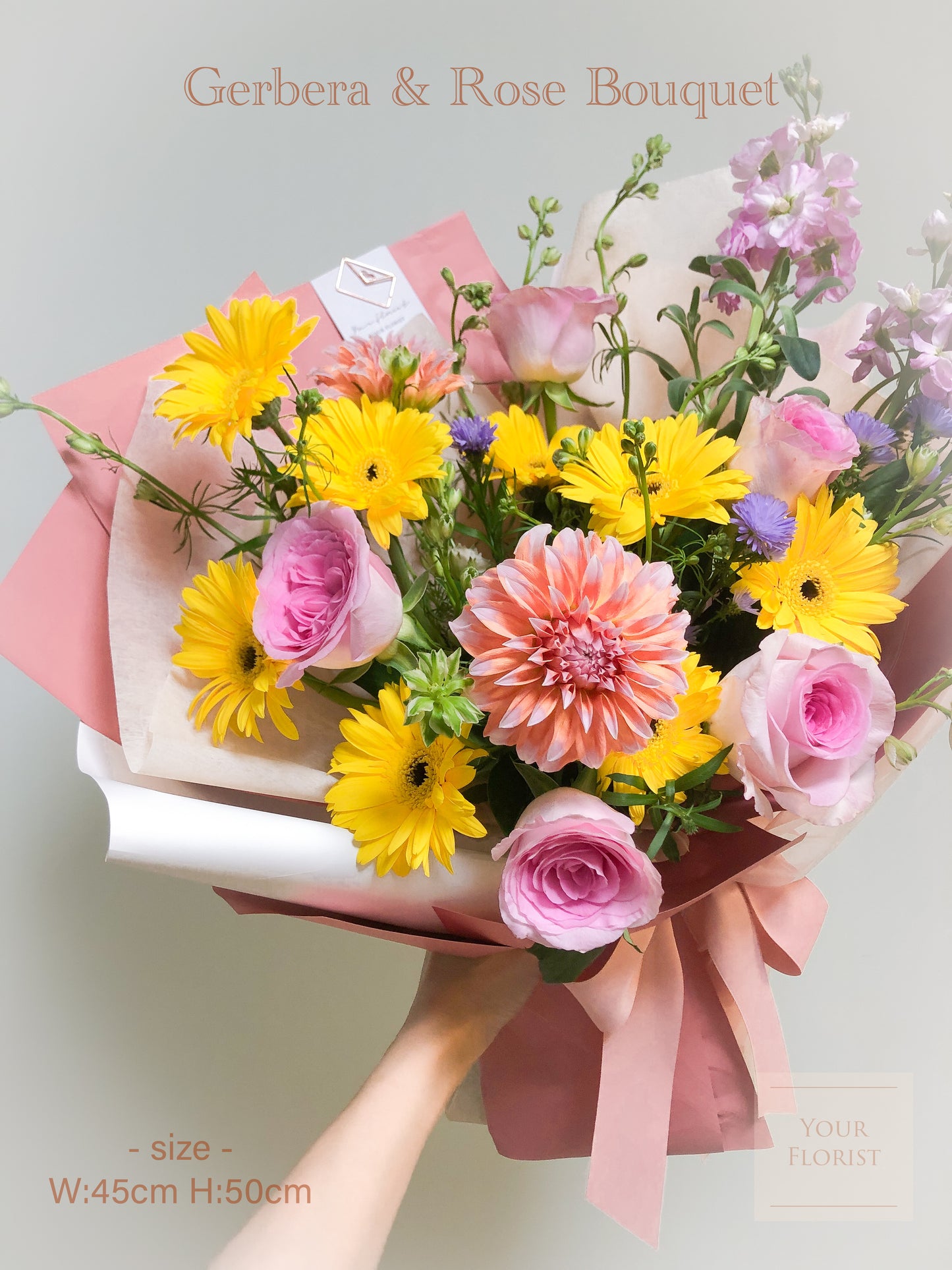 Gerbera & Rose Bouquet with pink or yellow packaging