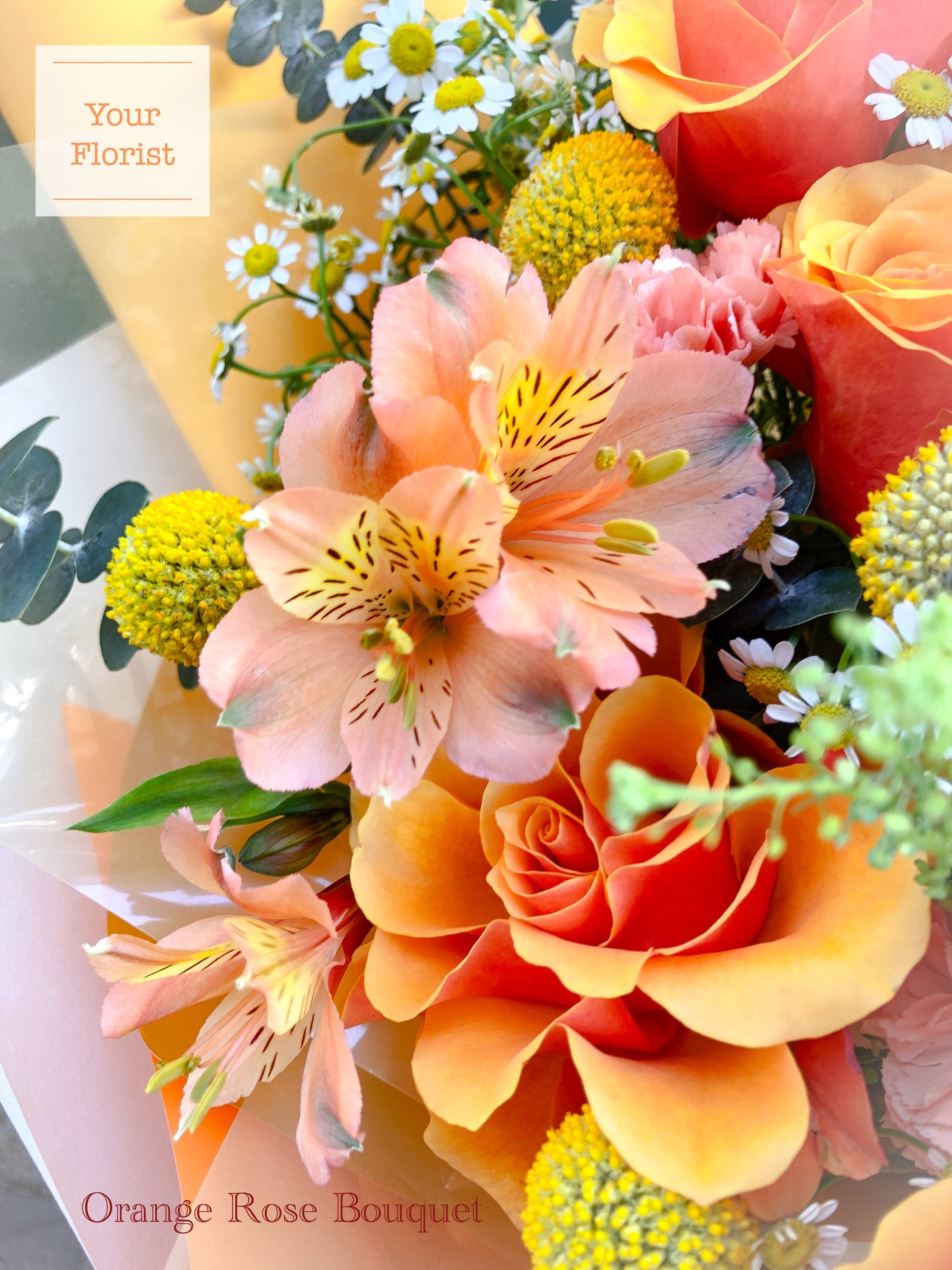 Orange Rose Light Yellow Carnation Hand Tied Bouquet橙玫瑰淺黃康乃馨手棒花束